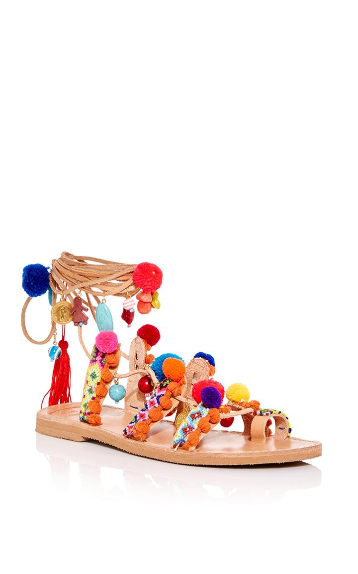 Elina Linardaki Pom Pom Gladiator Wrap Sandals