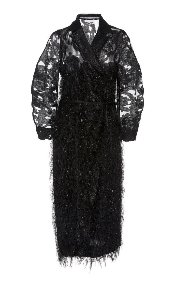 Ganni Feather-embellished Floral-jacquard Midi Dress