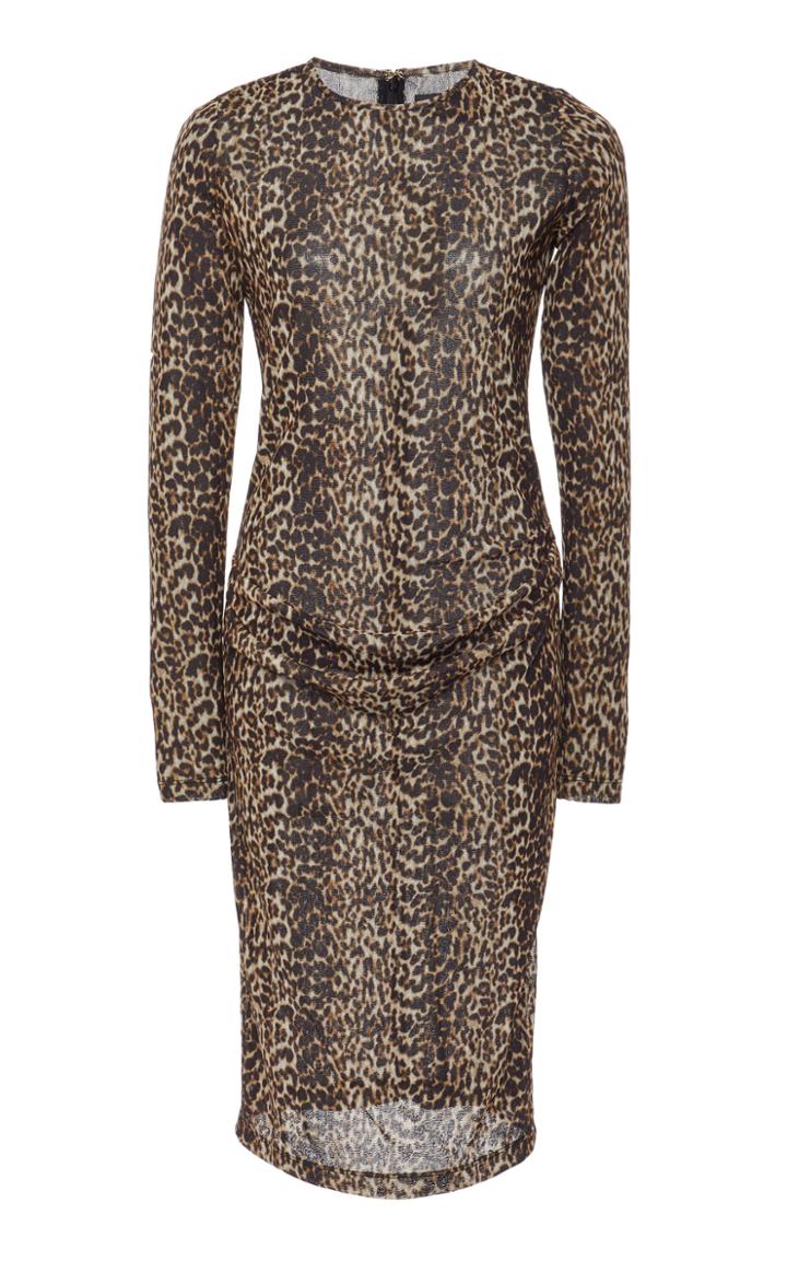 Christian Siriano Cheetah Mesh Long Sleeve Side Drape Dress