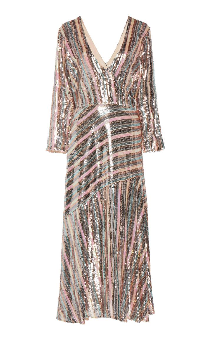Rixo Tyra Long Sleeve Sequin Mock Wrap Midi Dress