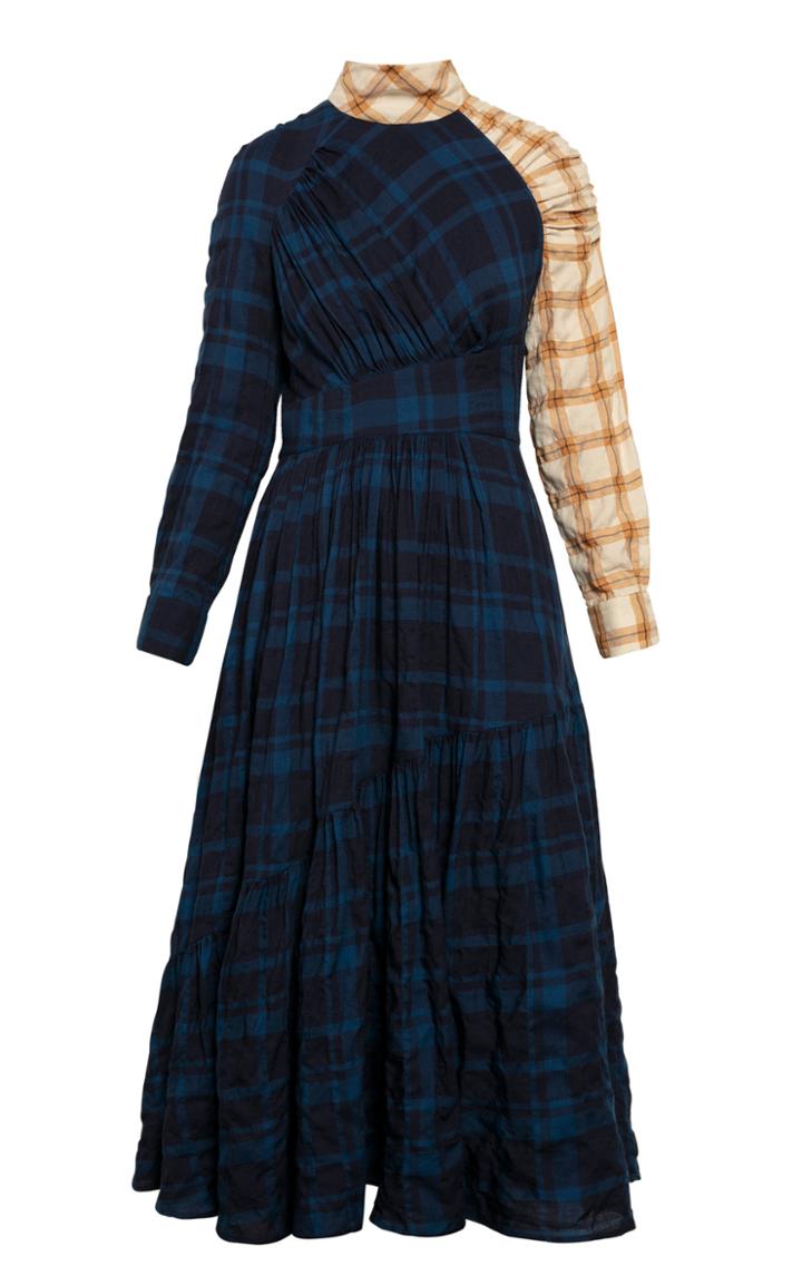 Anna October Natasha Ruched Blocked-plaid Midi Dress