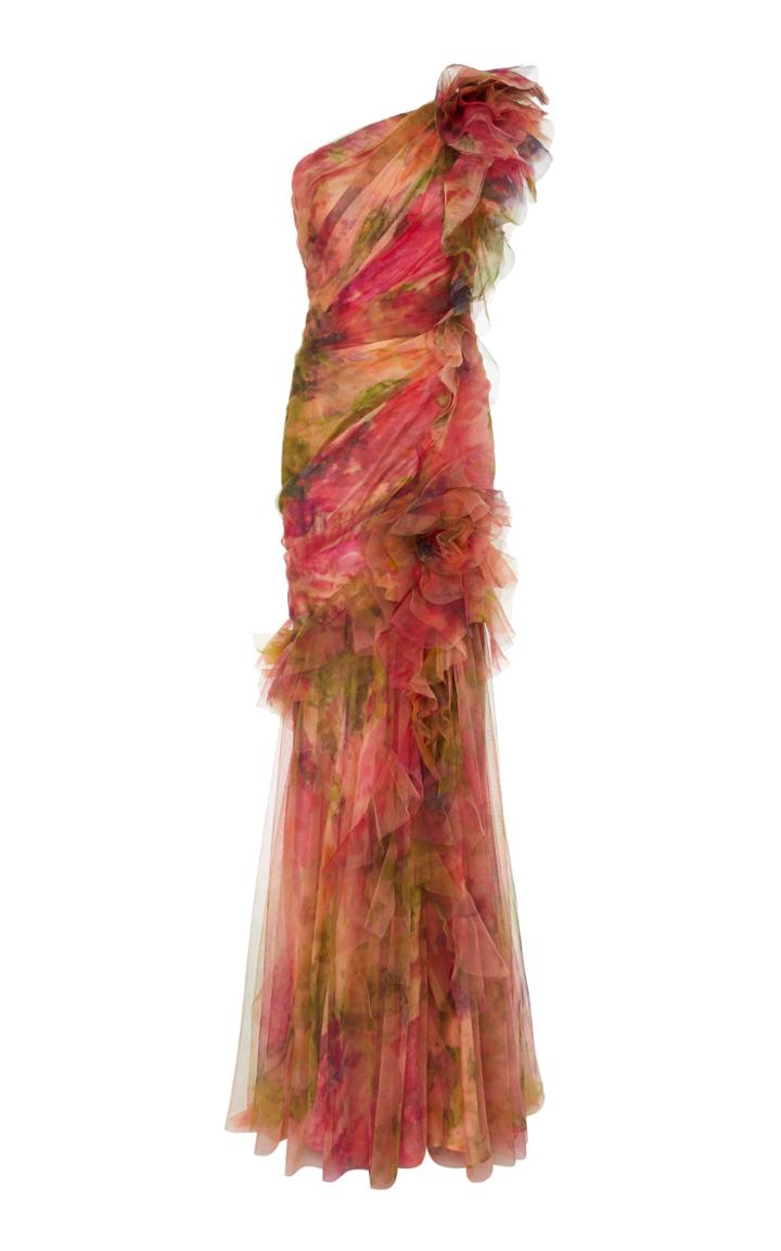 Marchesa One Shoulder Print Gown