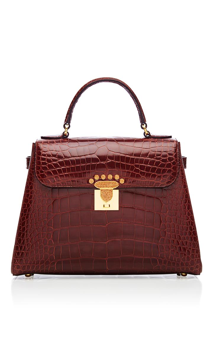 Asprey Private Collection 167 Handbag In Mahogany Polished Crocodile With 18k Yellow Gold And Cognac Diamonds