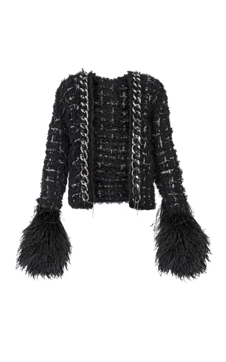 Balmain Feather Trimmed Embellished Tweed Jacket
