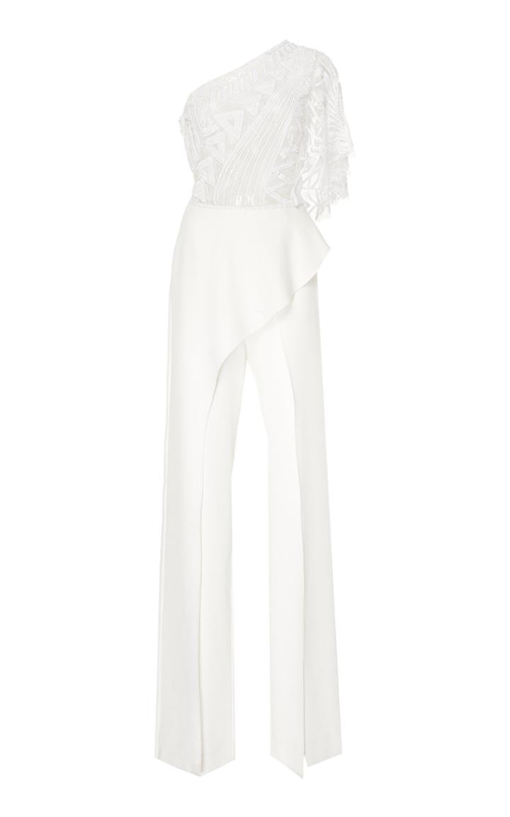 Zuhair Murad One-shoulder Embroidered Wide-leg Cady Jumpsuit