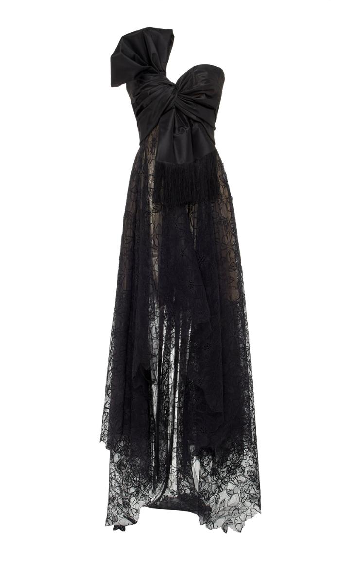 Oscar De La Renta Strapless Drape Front Lace Gown