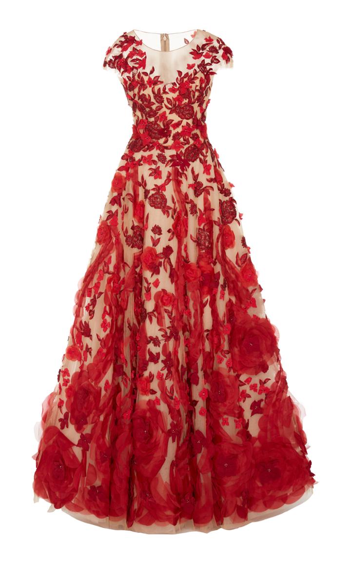 Marchesa Illusion V-neck Ballgown With Silk Organza Flowers