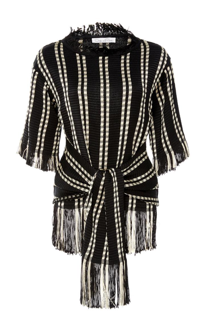 Oscar De La Renta Tie-front Fringed Silk-jacquard Top
