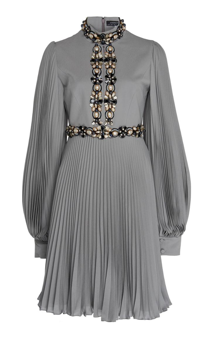 Moda Operandi Andrew Gn Pleated Embroidered Silk Dress Size: 34