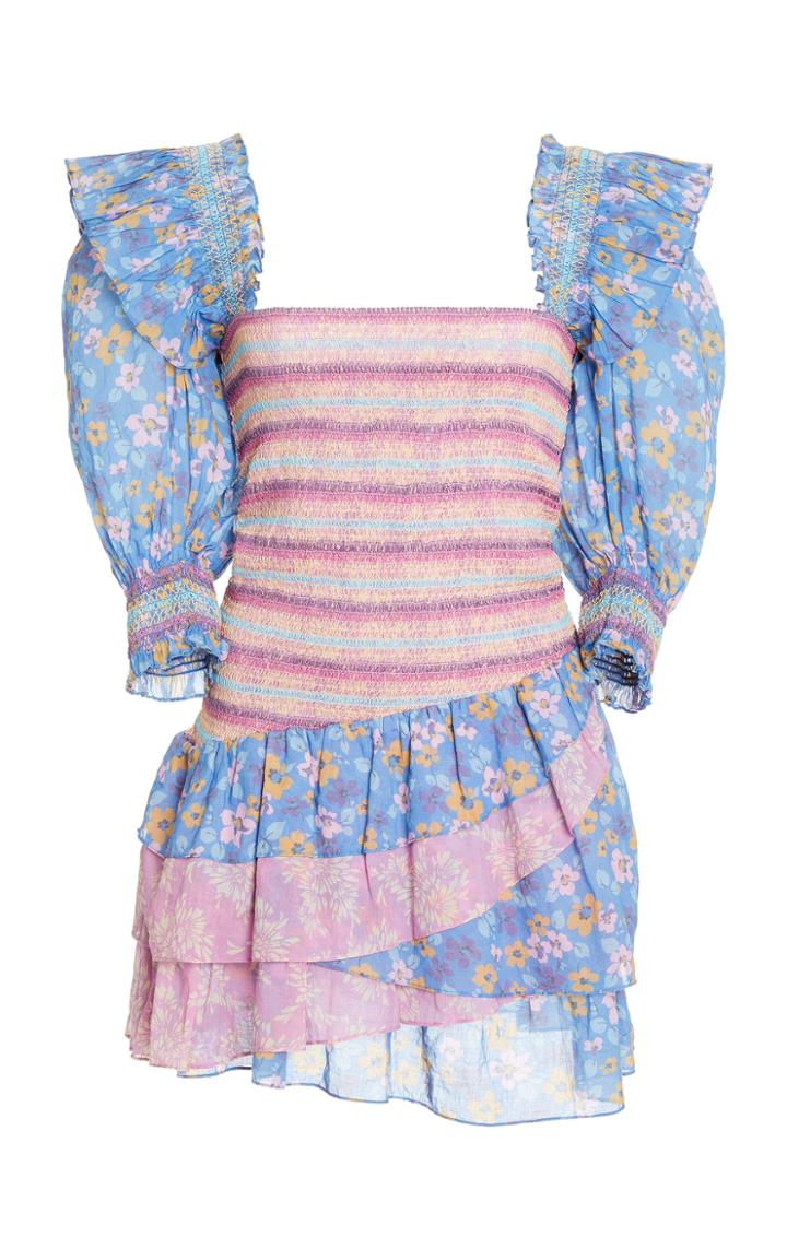 Loveshackfancy Golden Color Shirred Printed Cotton Mini Dress
