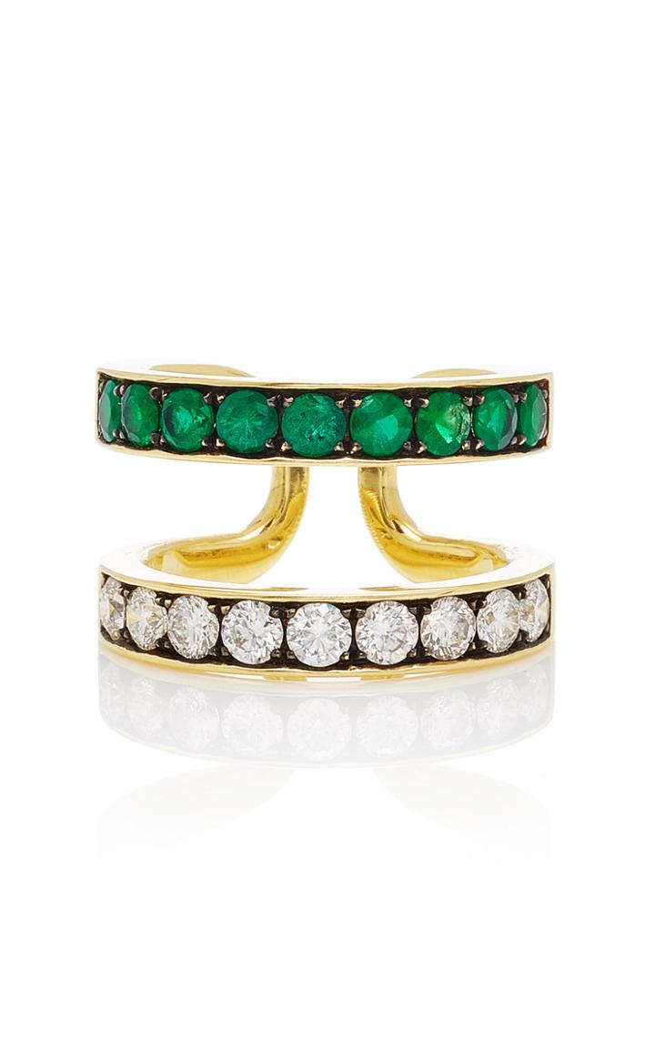 Jemma Wynne 18k Yellow Gold Double Band Ring With Emeralds And Diamonds