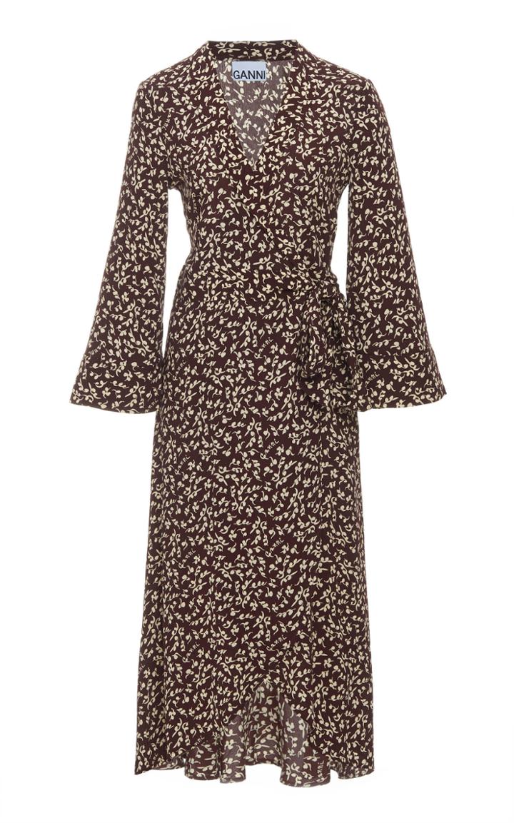 Ganni Printed Crepe Wrap Midi Dress