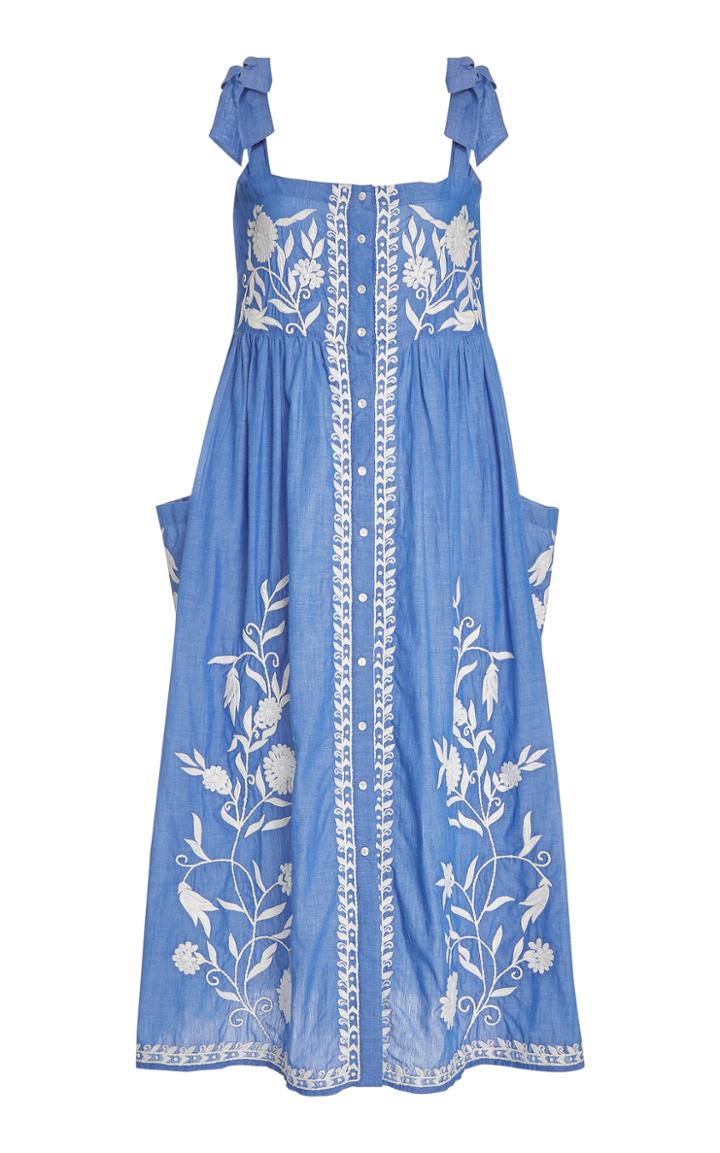 Juliet Dunn Floral-embroidered Cotton Chambray Midi Dress