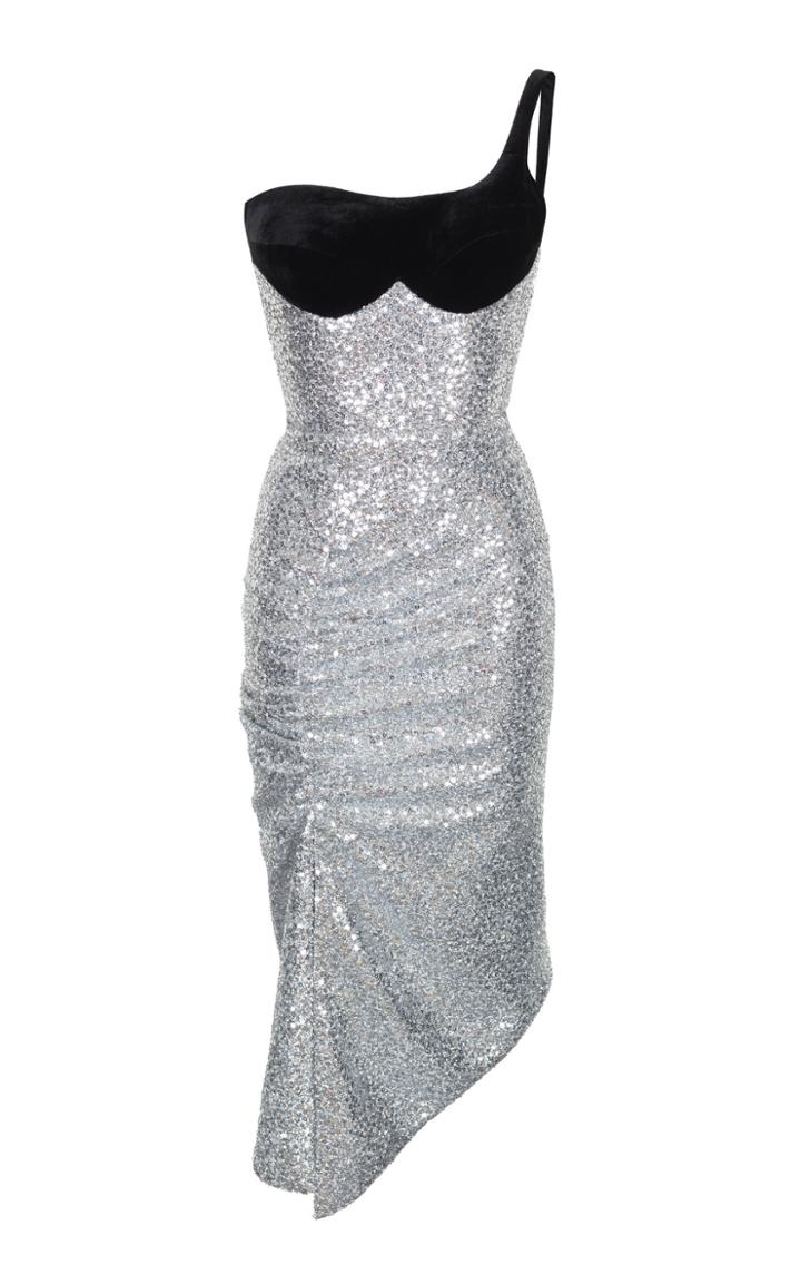 Rasario Silver Sequin Midi Dress
