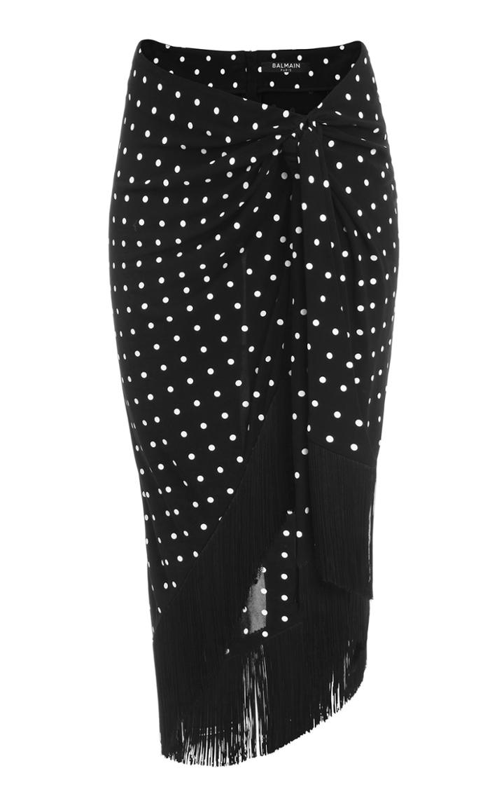 Balmain Fringed Polka-dot Crepe Midi Skirt