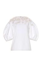 Moda Operandi Carolina Herrera Puffed Sleeve Floral-embellished Cotton Top Size: 0