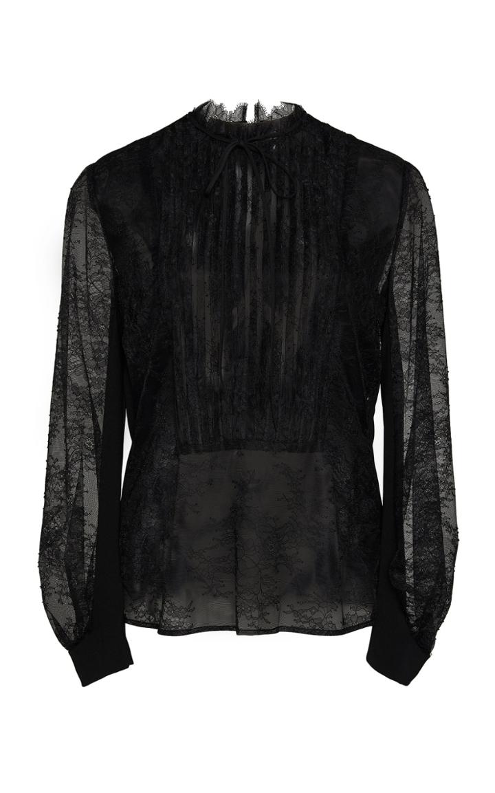 Lela Rose Pleated Yoke Chantilly Lace Blouse