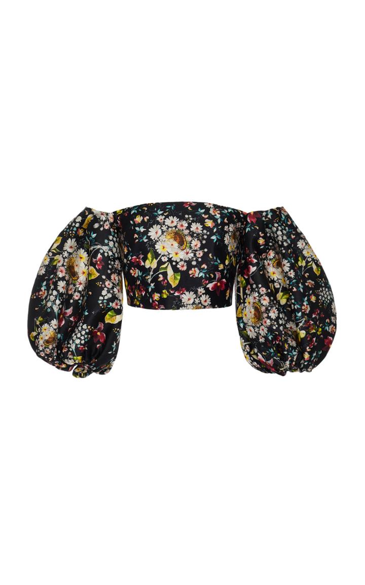 Monique Lhuillier Printed Mikado Bandeau Top With Puff Sleeves
