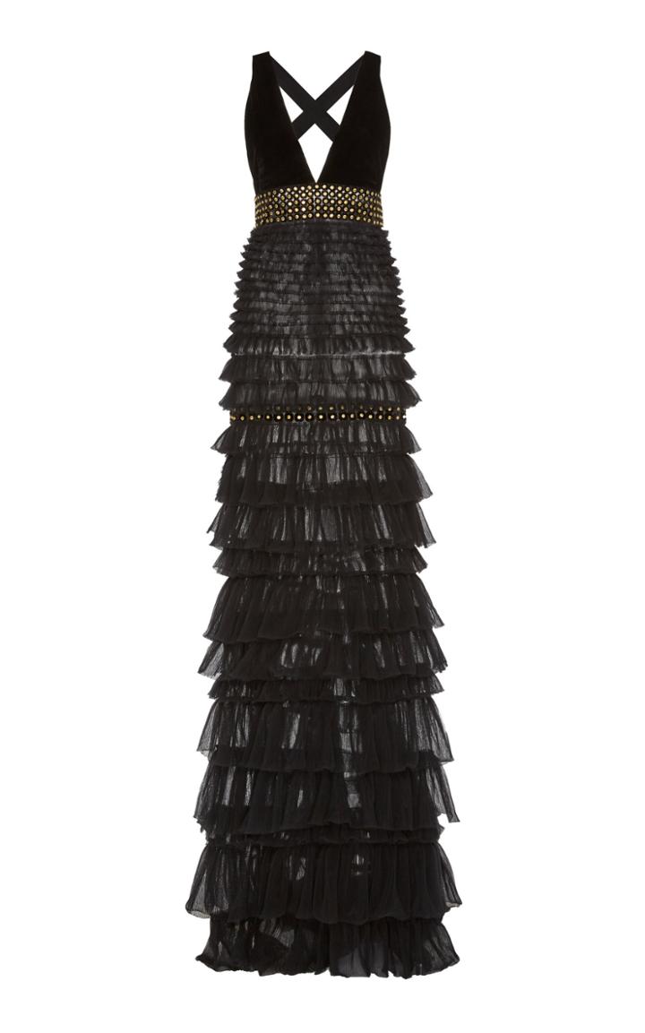 J. Mendel Embroidered Tiered Tulle V-neck Gown