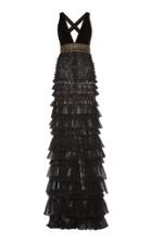 J. Mendel Embroidered Tiered Tulle V-neck Gown