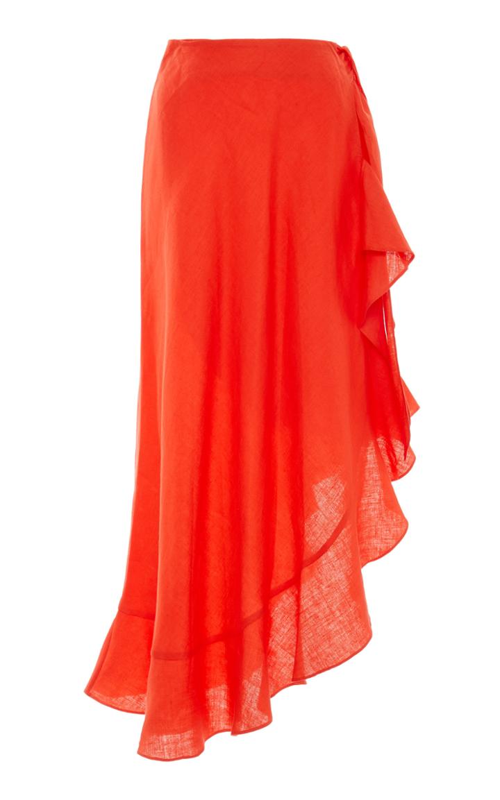 Miguelina Liviona Asymmetric Ruffled Linen Midi Skirt