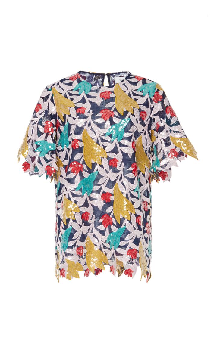 Prabal Gurung Short Sleeve Sequin Lace Top