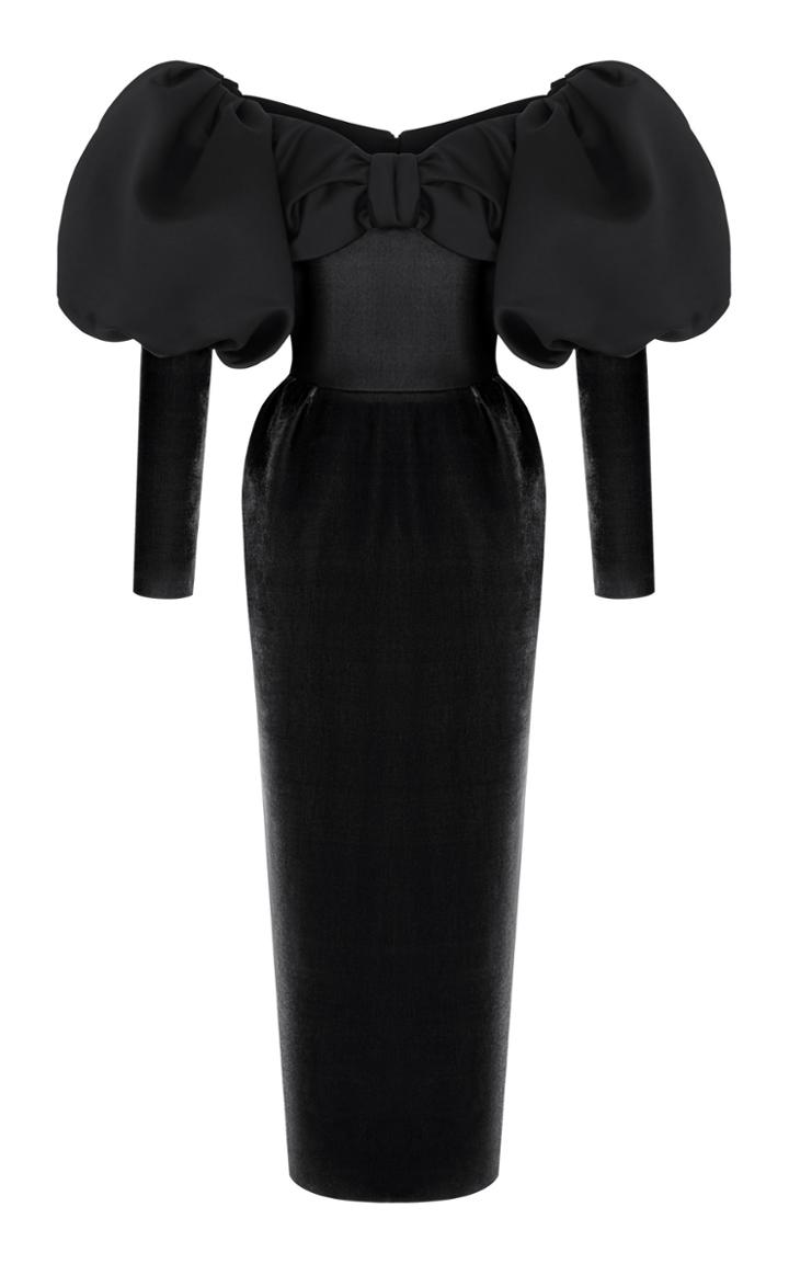 Rasario Puff Sleeve Satin And Velvet Corset Midi Dress