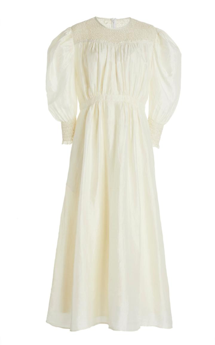 Moda Operandi Mimi Prober Eve Smocked Embroidered Organic Silk Maxi Dress