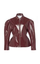Pushbutton Wine Puff Sleeved Leather Jacket