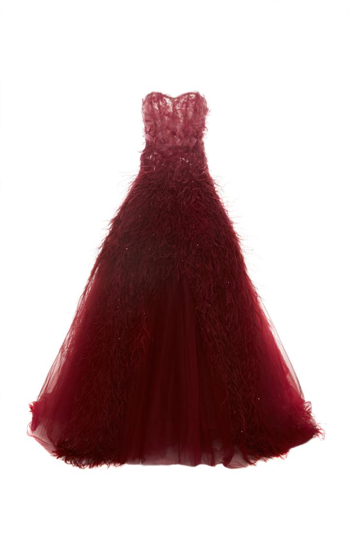 Pamella Roland Feather Embroidered Strapless Tulle Ballgown