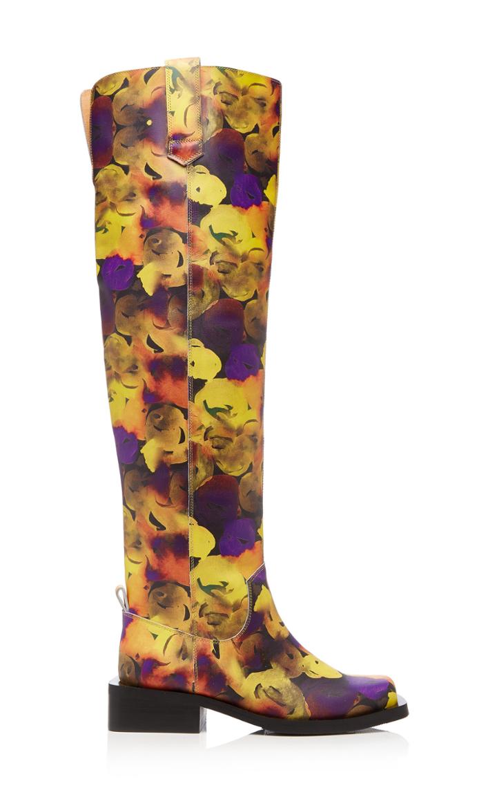 Ganni Floral-print Leather Knee Boots