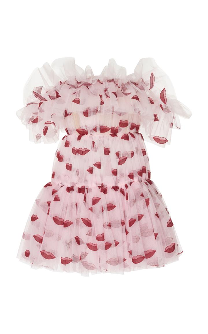 Giambattista Valli Off-the-shoulder Flounce Lips Print Mini Dress