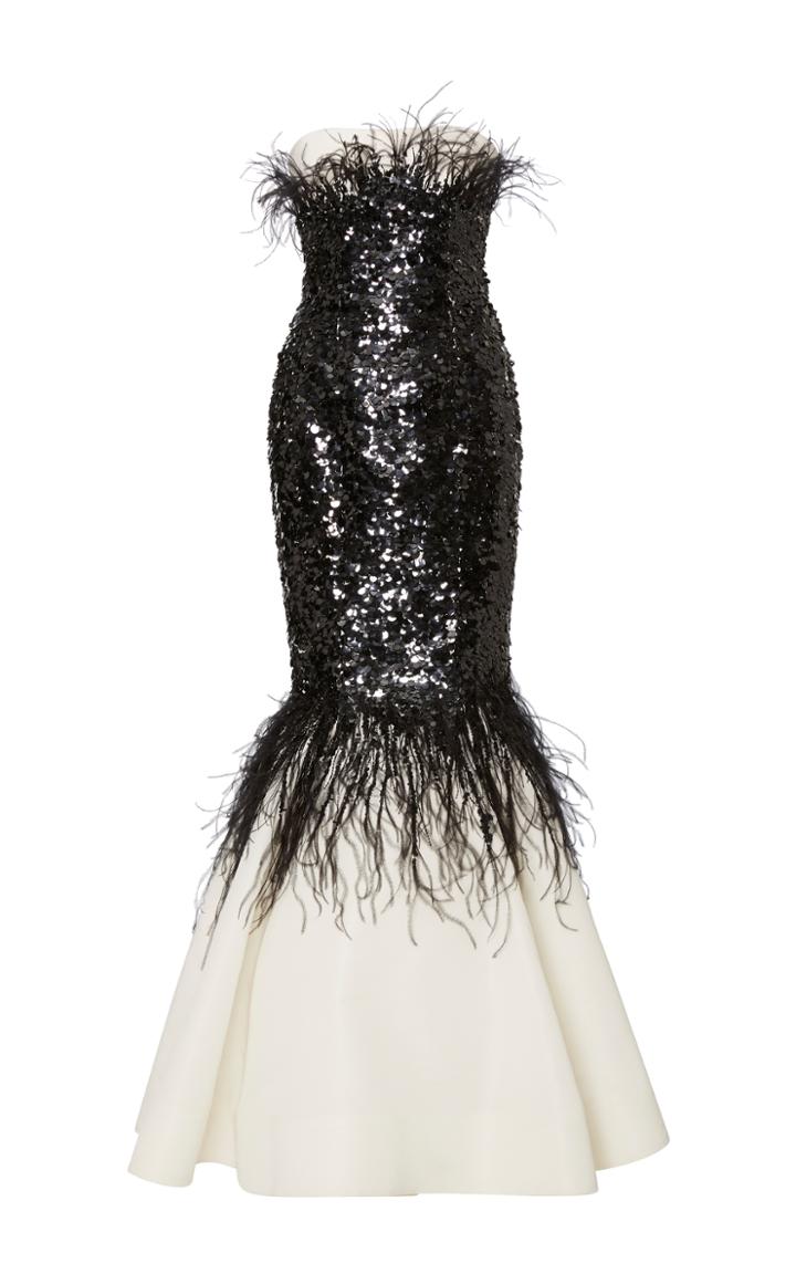 Elizabeth Kennedy Strapless Mermaid Gown With Sequin And Feather Embroidery