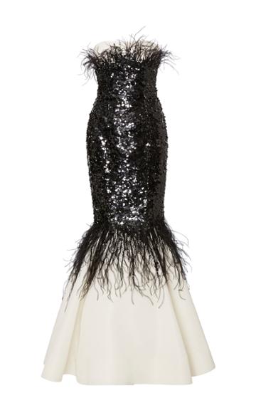 Elizabeth Kennedy Strapless Mermaid Gown With Sequin And Feather Embroidery