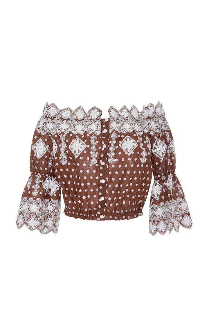 Miguelina Embroidered Polka-dot Cotton Cropped Top
