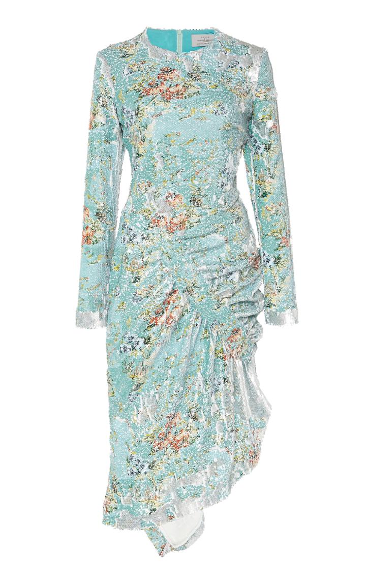 Preen By Thornton Bregazzi Daisy Ruched Floral-print Sequined Crepe Midi Dress