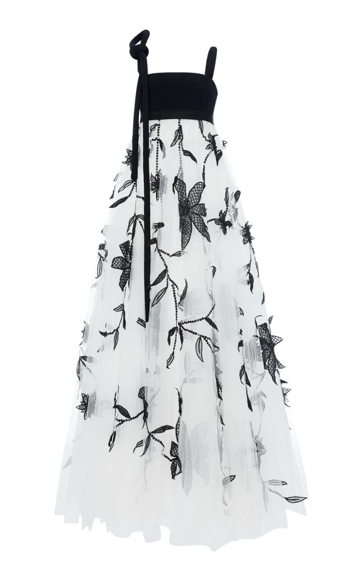 Oscar De La Renta Floral Embroidered Tulle Gown