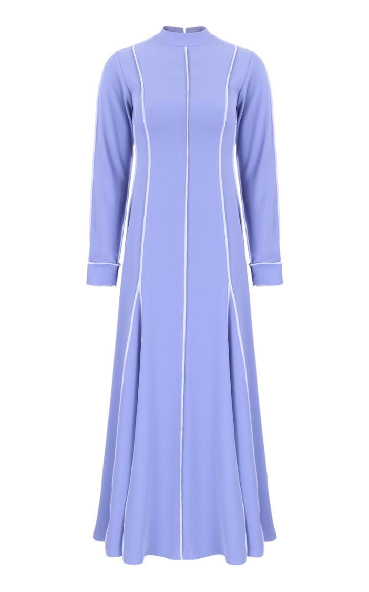 Amal Al Mulla Blue Crepe Midi Overlock Striped Dress