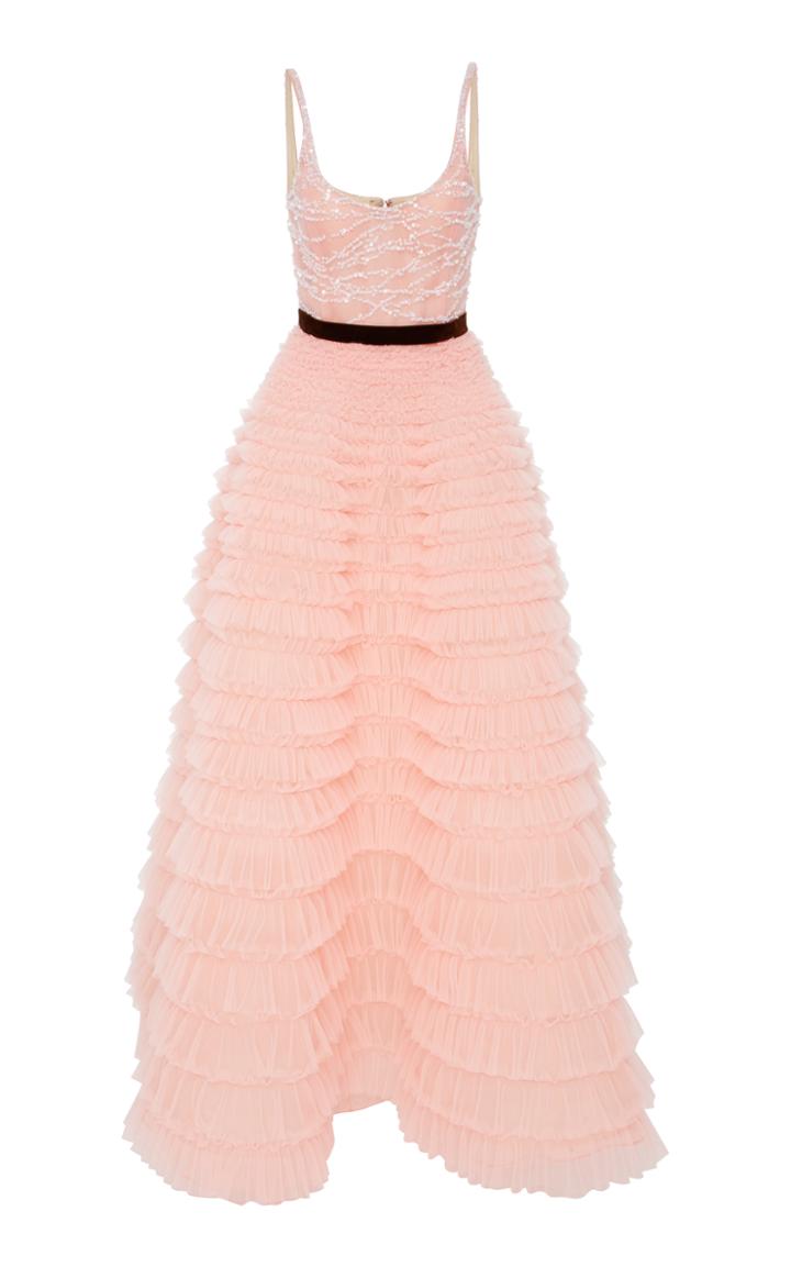 J. Mendel Embroidered Bodice Sleeveless Gown With Tulle Skirt