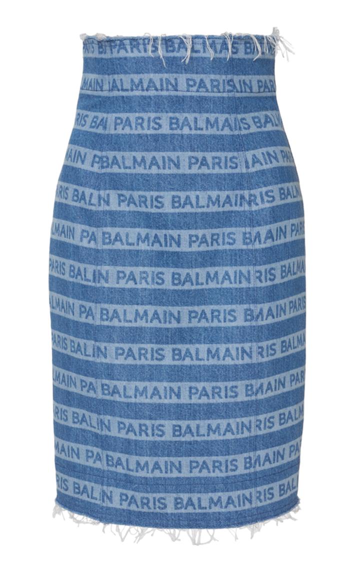 Balmain Frayed Logo-printed Denim Skirt