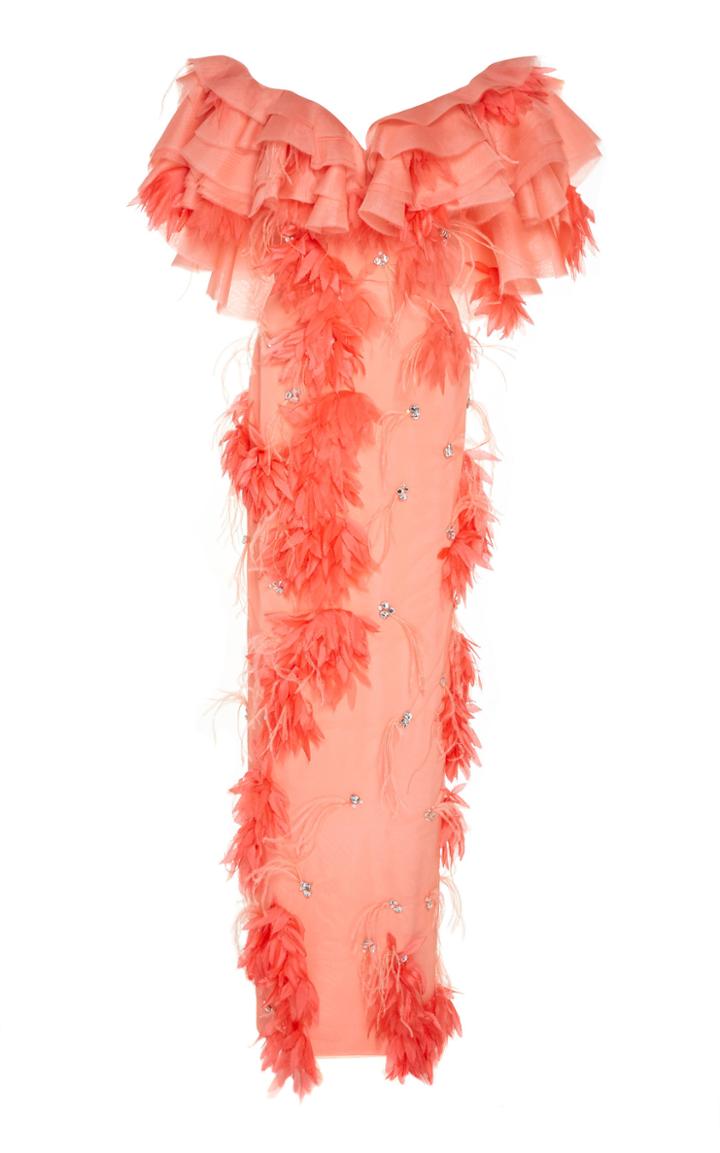 Christian Siriano Flamingo Pink Crystal Organza Ruffle Gown