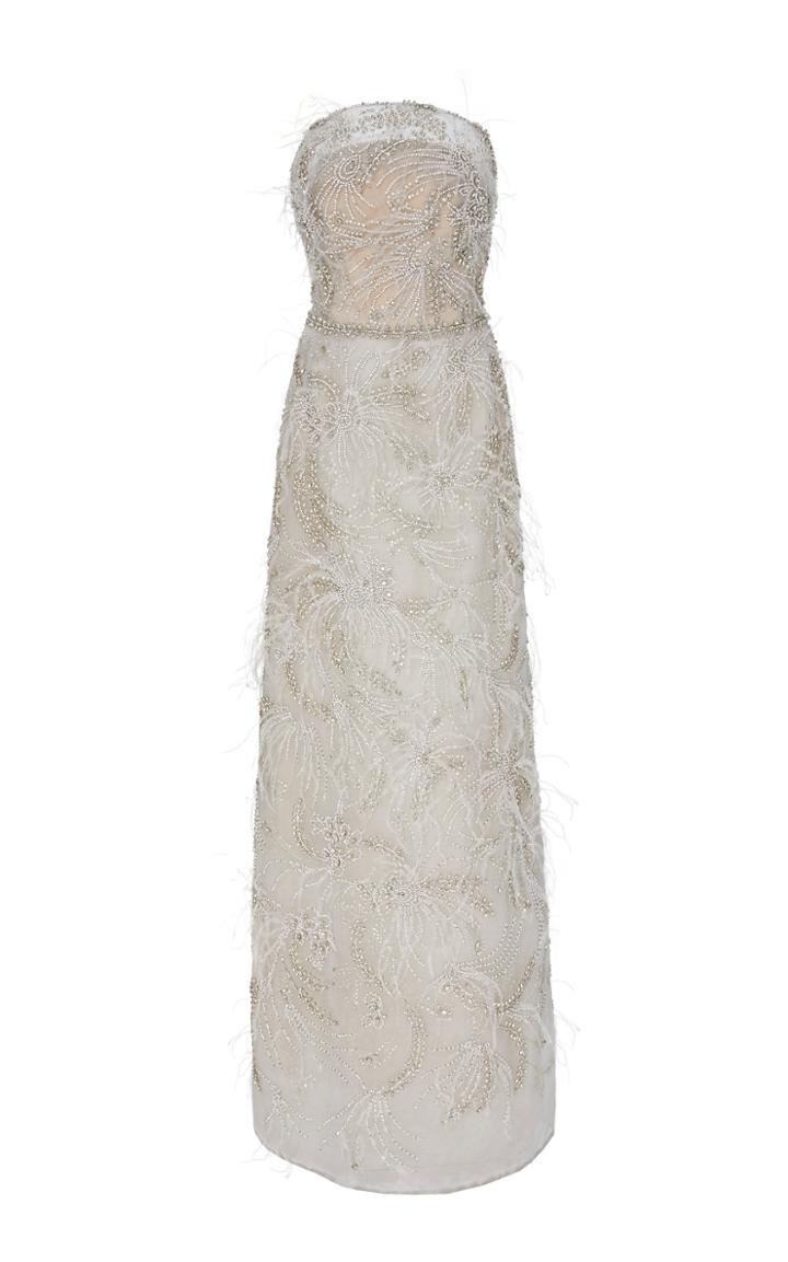 Marchesa Crystal-embellished Feather-trimmed Organza Gown