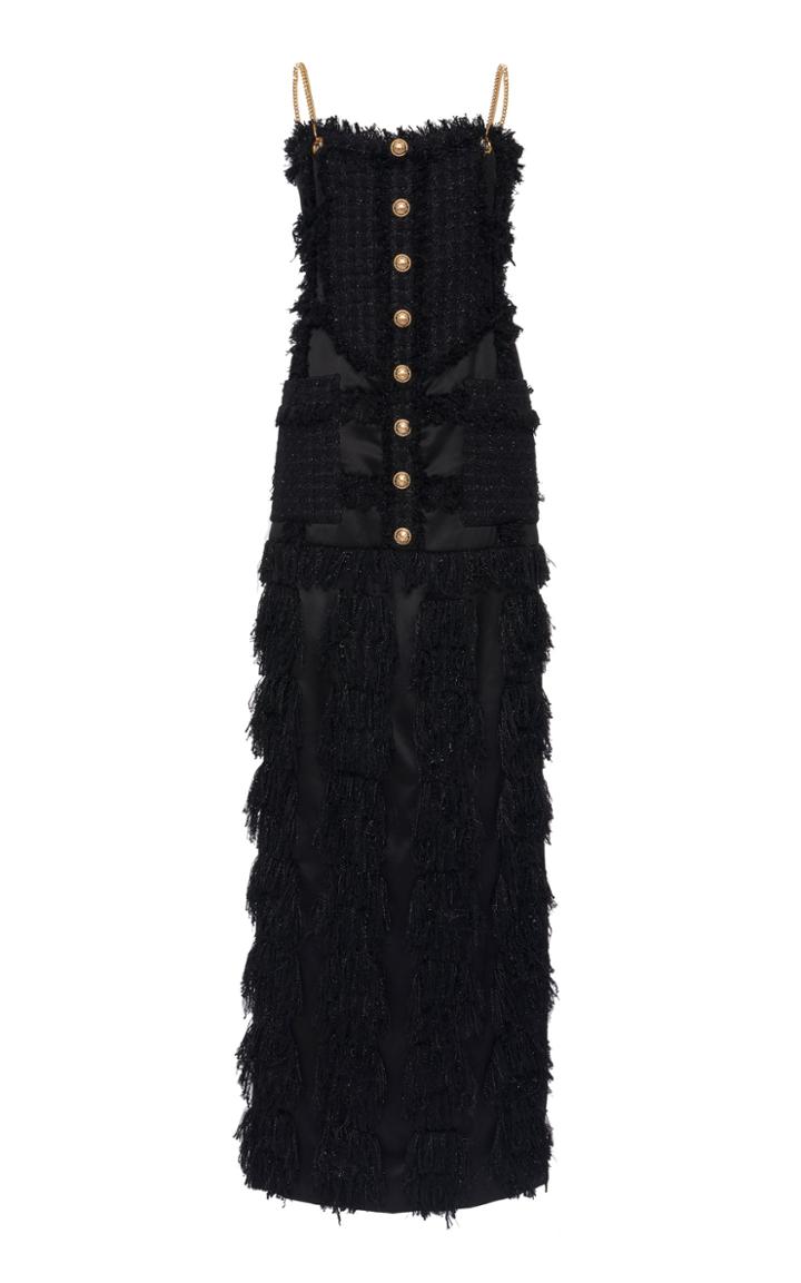 Balmain Fringed Tweed Velvet Maxi Dress