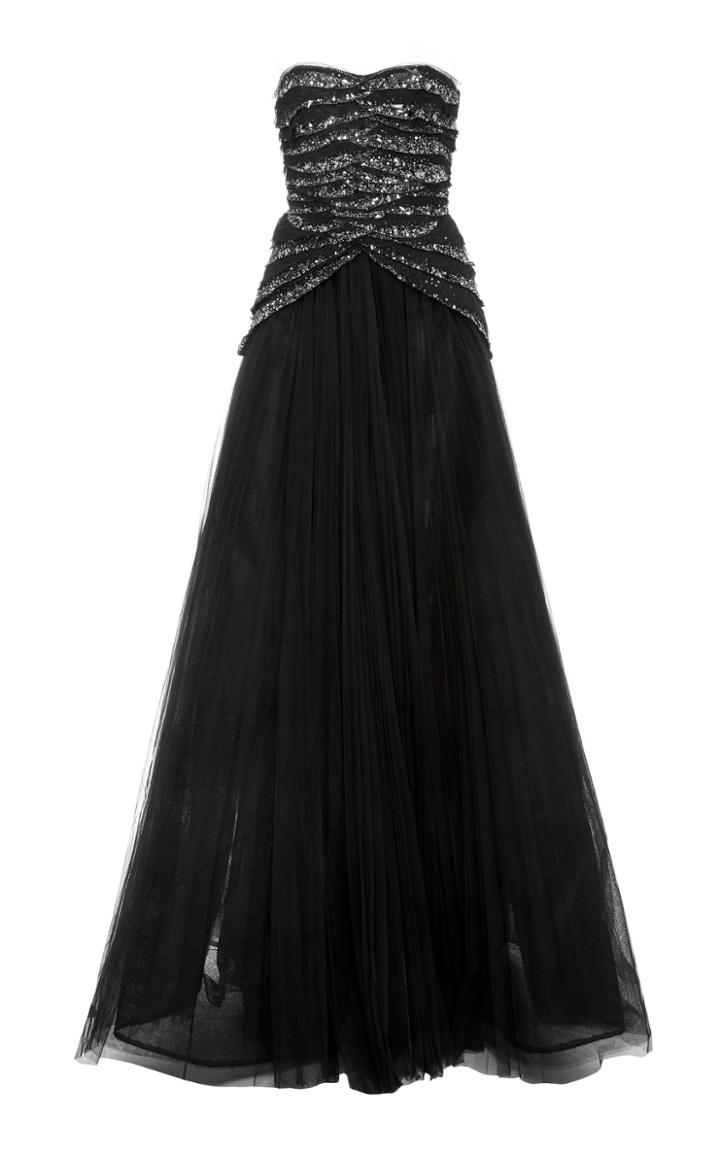 Pamella Roland Pleated Tulle Gown With Silver Embroidered Organza Scalloped Bodice