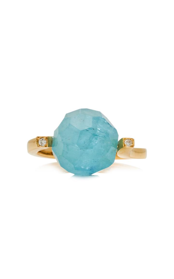 Yael Sonia Rock Small Twist Aquamarine, Diamond 18k Yellow Gold Ring