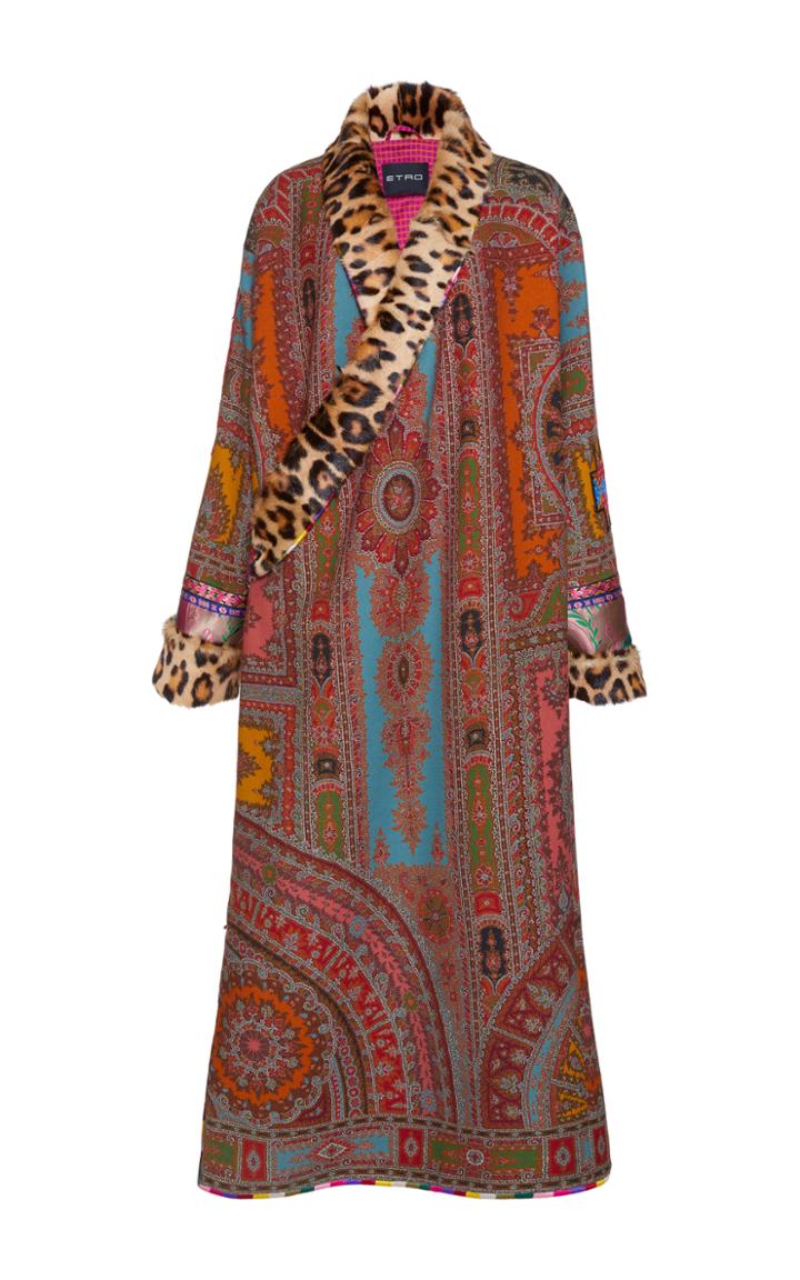 Etro Printed Robe Coat With Fur Trim