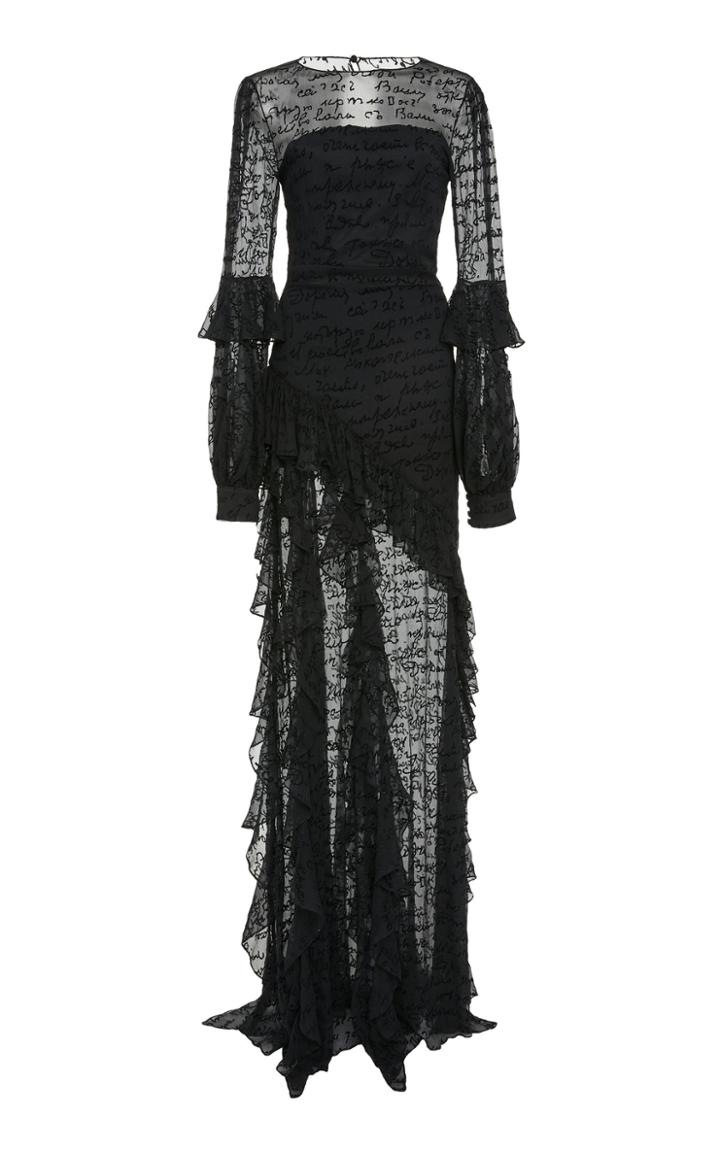 Christian Siriano Script Print Balloon Sleeve Ruffle Skirt Gown