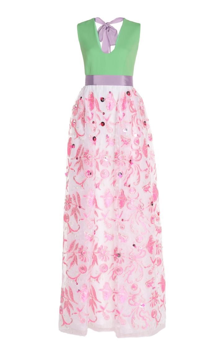 Delpozo Embroidered Moire And Tulle Gown