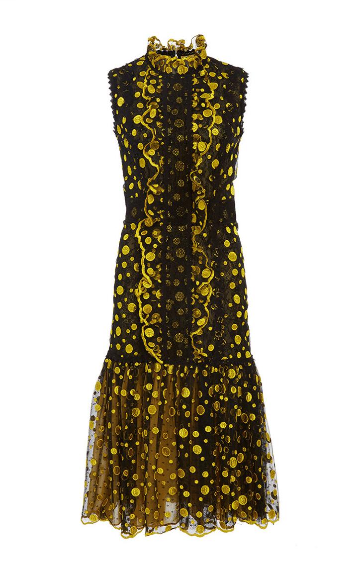 Costarellos Sleeveless Dot Tulle Embroidered Lace Dress