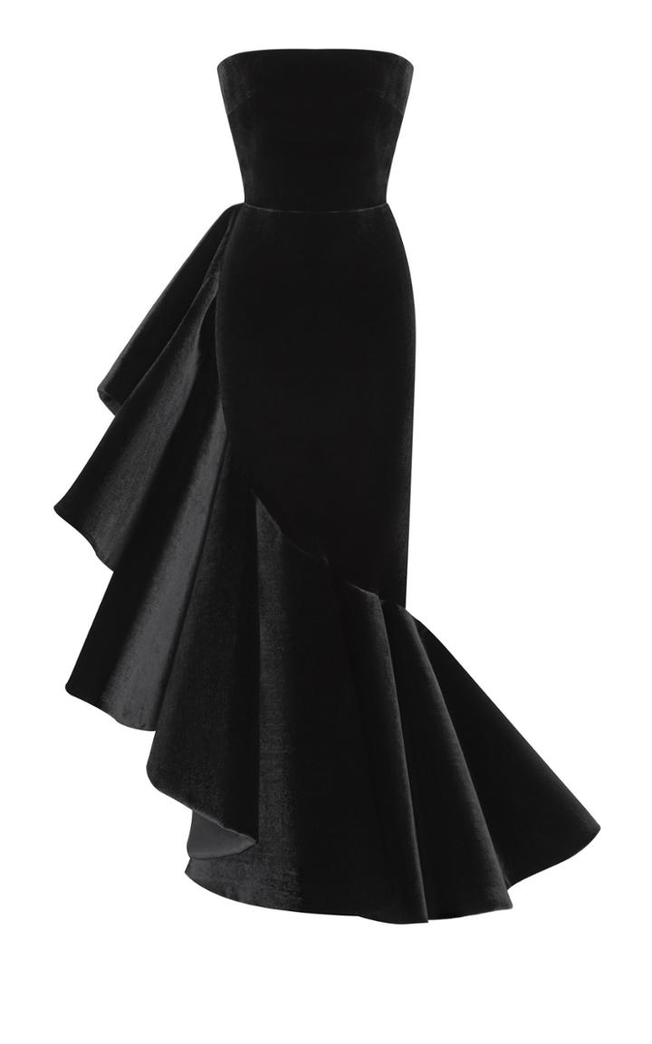 Moda Operandi Rasario Ruffled Velvet Strapless Gown